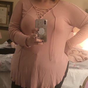 Forever 21+ Pink Lace Up V Neck Shirt 3X